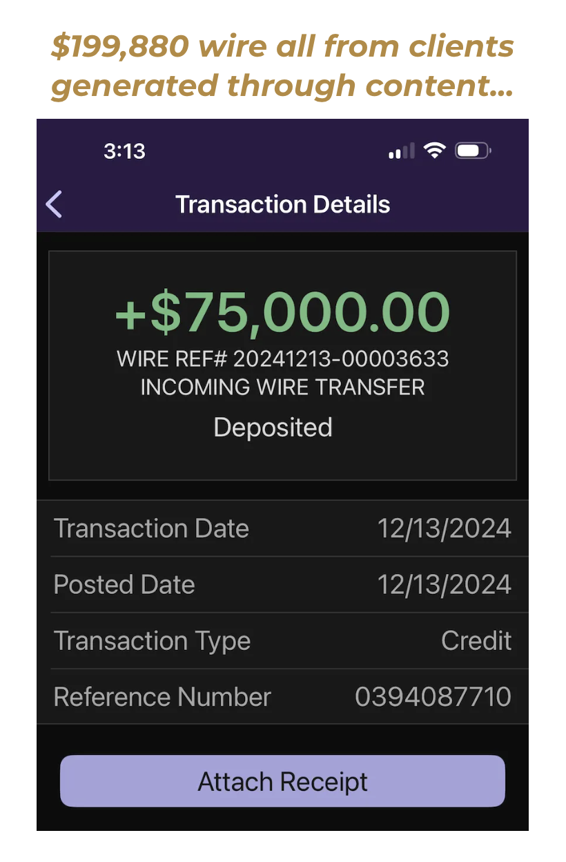 $75,000 wire from clients generated through content